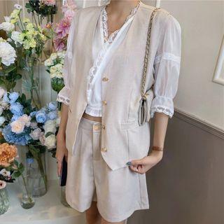Set: Lace Trim Elbow-sleeve Blouse + Vest + Shorts