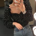V-neck Floral Puff-sleeve Top Black - One Size
