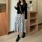 V-neck Lace Trim Long-sleeve Cardigan / High-waist Floral Semi Skirt