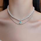 Gemstone Pendant Faux Pearl Layered Alloy Choker Light Blue Drop & Faux Pearl - White - One Size