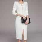 Long-sleeve Zip-up Midi Sheath Dress