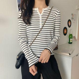 Stripe Long-sleeve Button T-shirt