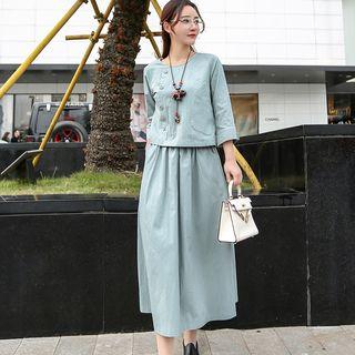 Set: Long-sleeve Linen Cotton Top + Midi Skirt