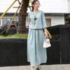 Set: Long-sleeve Linen Cotton Top + Midi Skirt