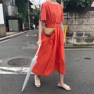 Short-sleeve A-line Midi Dress With Sash Tangerine Red - One Size