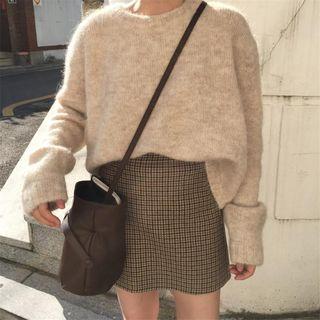 Furry Sweater / Gingham Mini A-line Skirt