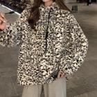Leopard Print Furry Hoodie As Shown In Figure - One Size