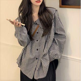 Scallop Collar Gingham Blouse / A-line Midi Skirt