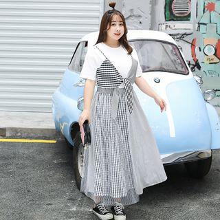 Set: Plaid Panel Short Sleeve T-shirt + Midi Plaid Mesh Skirt