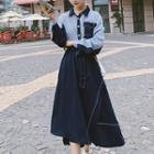 Long-sleeve Two-tone Asymmetrical Midi A-line Dress