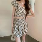 Short-sleeve Plaid Top / Pleated Skirt