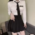 Long-sleeve Shirt With Necktie / Pleated Mini A-line Skirt / Set