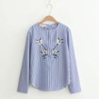 Round-neck Striped Embroidery Blouse