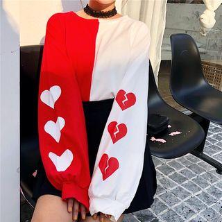 Heart Print Color Block Long-sleeve T-shirt