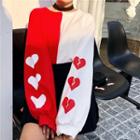 Heart Print Color Block Long-sleeve T-shirt