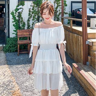 Cold-shoulder Tie-cuff A-line Layered Dress