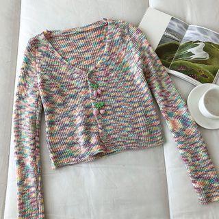 Long-sleeve V-neck Color-block Knit Top As Figure - One Size