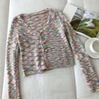 Long-sleeve V-neck Color-block Knit Top As Figure - One Size