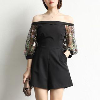 Embroidered Mesh Panel Off-shoulder Playsuit