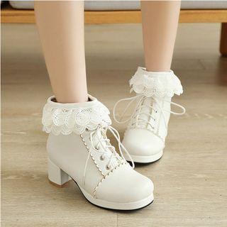 Lace Trim Chunky Heel Short Boots