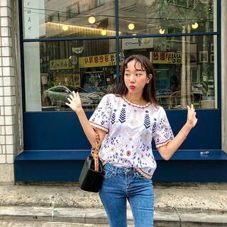 Short-sleeve Flower Embroidered Top