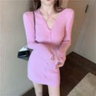 Long-sleeve Cross Strap Plain Knit Dress