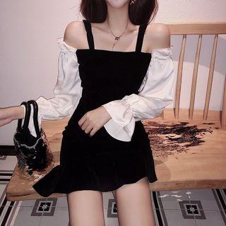Color-block Velvet Bell-sleeve Sheath Dress