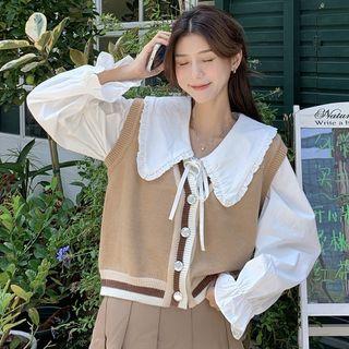 Contrast Trim Button-up Knit Vest / Flared-cuff Peter Pan-collar Shirt