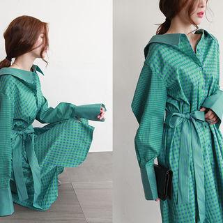Tie-waist Dip-back Check Shirtdress
