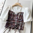 Short-sleeve Plaid Panel Drawstring Cropped Blouse