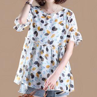 Short-sleeve Frill Trim Printed Chiffon Top