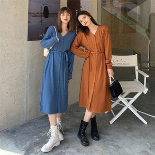 V-neck Buttoned Long-sleeve Dress