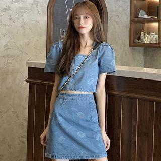 Short-sleeve Square Neck Denim Crop Top / Mini Skirt