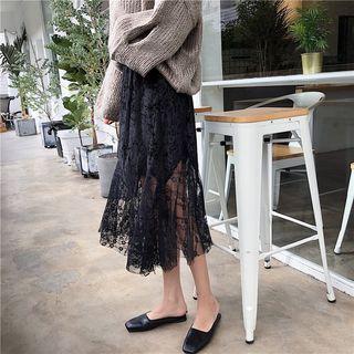 Lace Panel A-line Midi Velvet Skirt