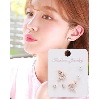 Swan / Rhinestone / Faux-pearl Ear Stud Set (6 Pcs)