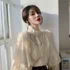 Long-sleeve Lace Trim Mock-neck Blouse