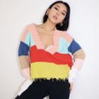 Loose-fit Fray-trim Colorblock Knit Sweater Rainbow - One Size