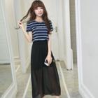 Short-sleeve Crewneck Striped A-line Panel Long Dress