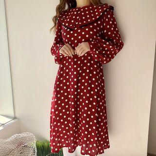 Long-sleeve Polka Dot Midi Collared Dress