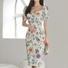 Puff-sleeve Floral Midi Bodycon Dress