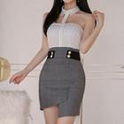 Mock Two-piece Strapless Collared Sheath Dress