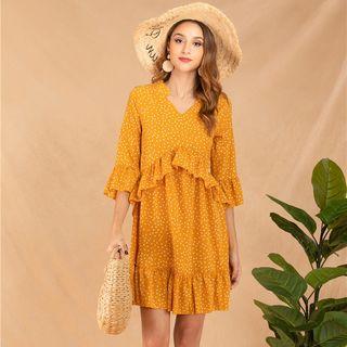 Dotted Bell-sleeve Ruffled A-line Mini Dress