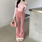 Long-sleeve Plain Ruched Slim Fit Top / Elastic Waist Plain Slit Hem Sweatpants