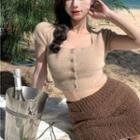 Cap-sleeve Button-up Knit Top / Mini Skirt