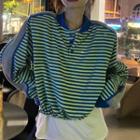 Striped Drawstring-hem Sweatshirt Stripes - Blue & Yellow - One Size