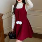 Mock Neck Chiffon Top / Sleeveless Pompom A-line Dress