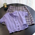 Plaid Mini A-line Skirt / Pointelle Knit Top / Plain Shirt / Ruffled Short-sleeve Top