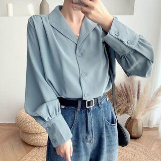 Long-sleeve Button-up Open-collar Blouse