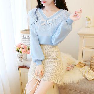 Ruffle Trim V-neck Knit Top + Tweed Pencil Skirt / Set