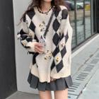 Argyle Print Sweater Beige & Gray - One Size